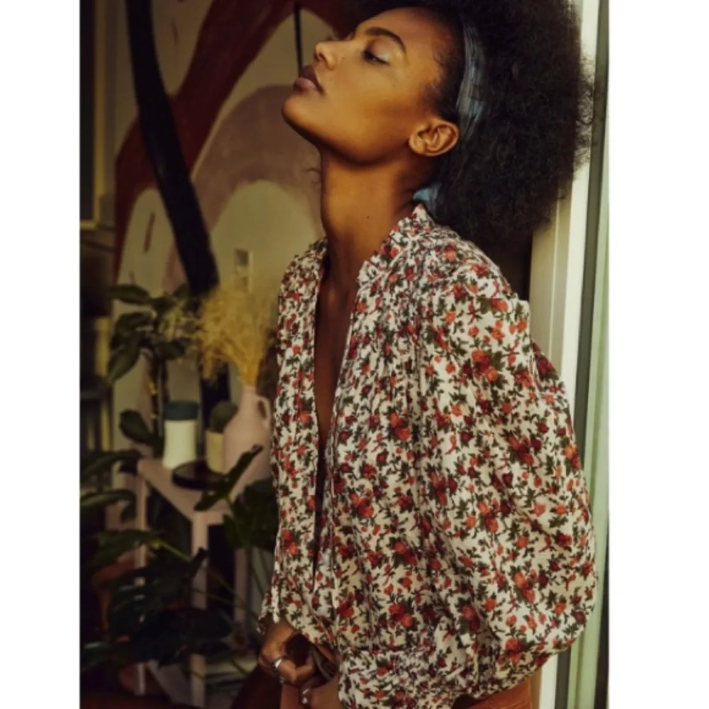 Free People Meant To Be Floral Roses Cotton Poet Blouse Statement Sleeves